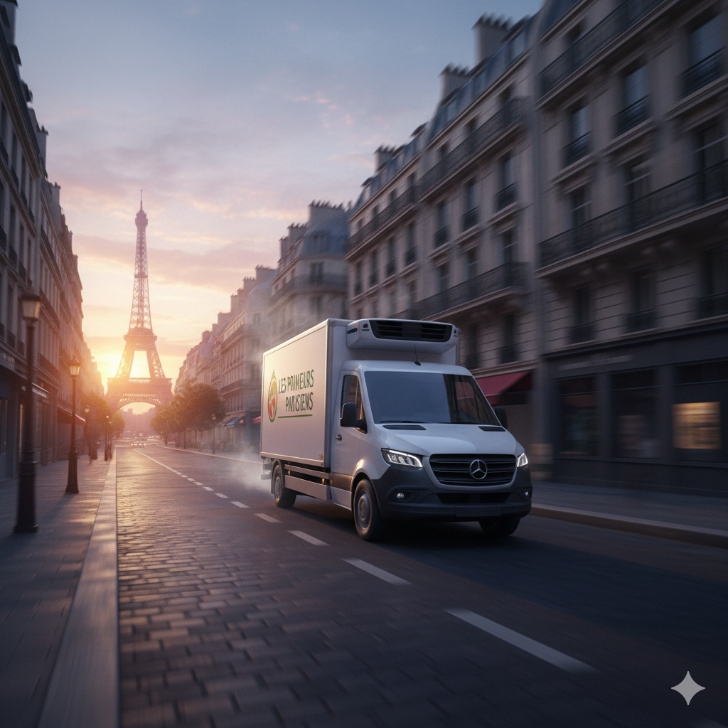 Camion frigorifique Les Primeurs Parisiens à l'aube, Tour Eiffel en fond
